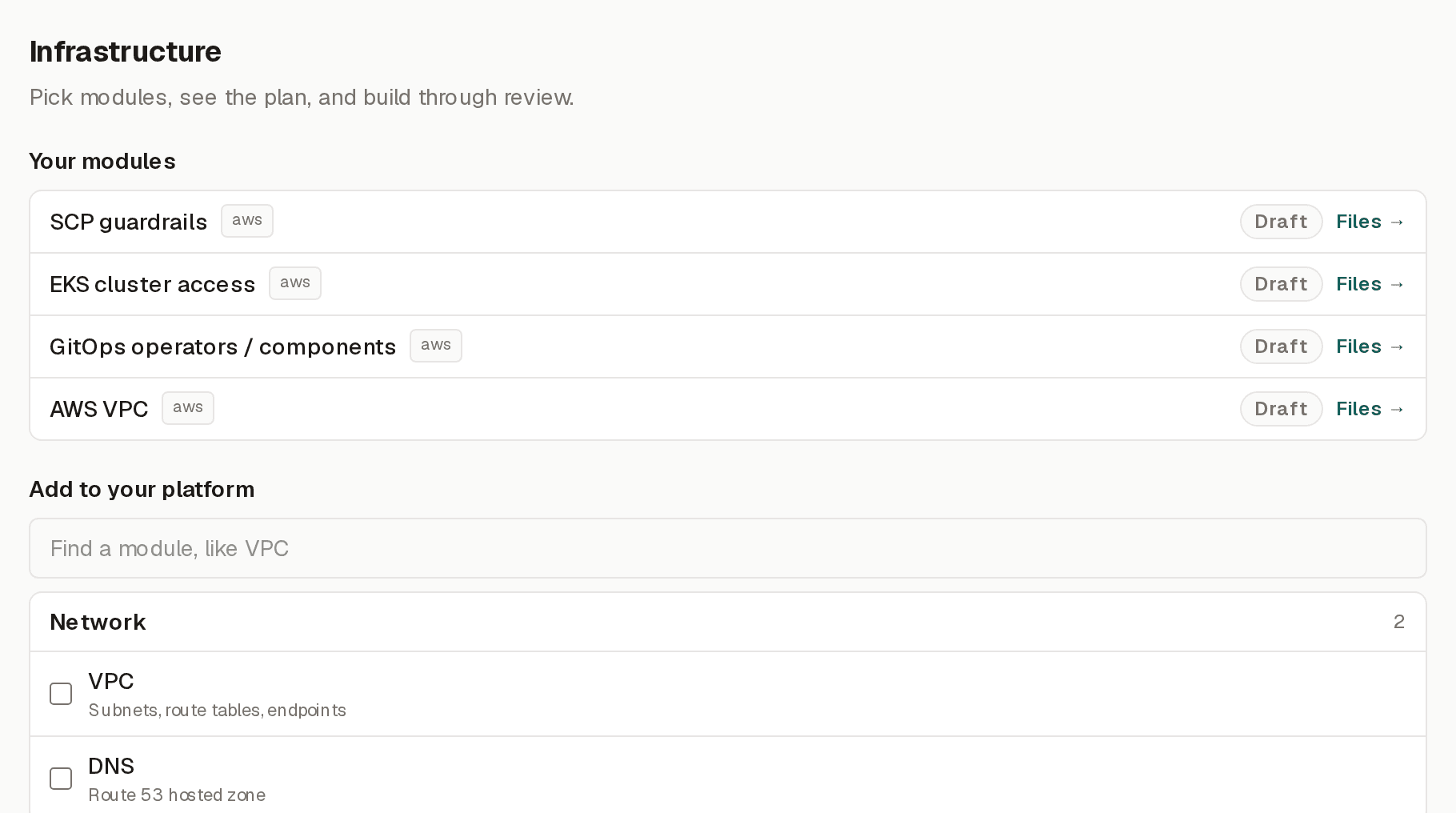 The Infrastructure picker: your modules with draft files, a catalog search, and network modules like VPC and DNS ready to add.